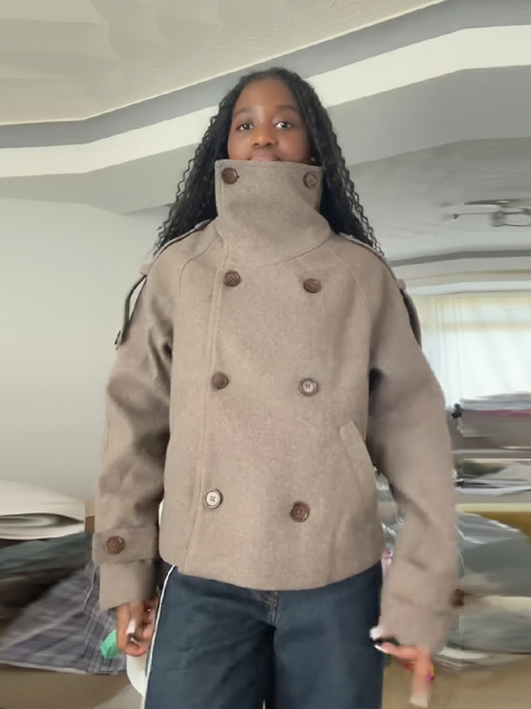Wool Coat Peacoat - Dik Yaka Kısa Kahverengi Kadın Ceketleri